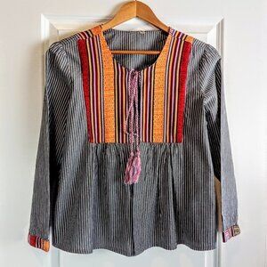 Bare Denim Embellished Grey Striped Tie Front Cotton Jacket
